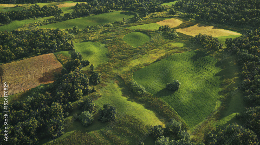 Poster serene countryside and fields landscape with lush greenery and patterns