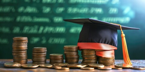 A graduation cap sits atop a pile of coins, representing achievement and financial reward