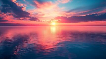 Obraz premium Breathtaking Sunset over Tranquil Ocean Waves with Fiery Skies and Soft Colors Creating Peaceful Ambiance