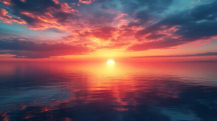 Naklejka premium Vibrant Sunset Over Tranquil Ocean Waters with Fiery Orange Sky Creating a Peaceful Coastal Scene