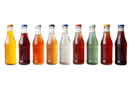 A group of glass bottles with unique beverage colors and shapes, displayed on a white background