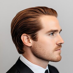Obraz premium Profile Portrait of a Man with Slicked Back Hair Wearing a Suit for Business