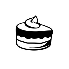 Minimalist Black and White Illustration of a Round Layered Cake with a Cream Swirl on Top, Isolated on White