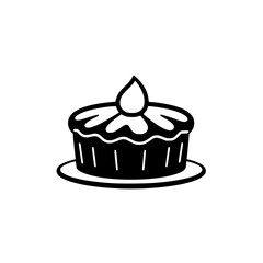 A minimalistic, black and white, isolated pie graphic featuring a floral-decorated top and a central stylized teardrop element, resting on a plate.