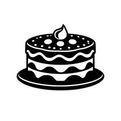 Minimalist cake illustration, layered design with black frosting, white and blue accent layers, a droplet top, simple plate, white background.