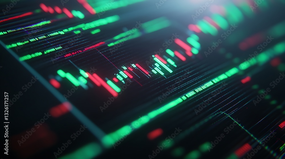 Poster abstract digital financial data visualization with colorful candlestick chart on dark background