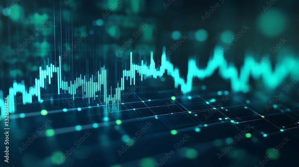 Poster abstract digital financial data visualization with graphs and charts in vibrant blue and green color