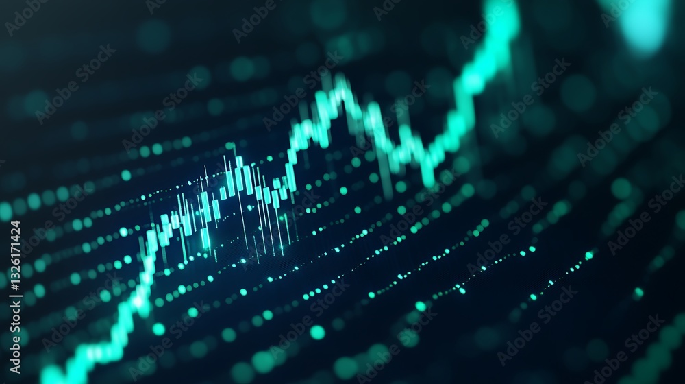 Poster abstract digital financial data visualization with green and blue color scheme for analytics and gra