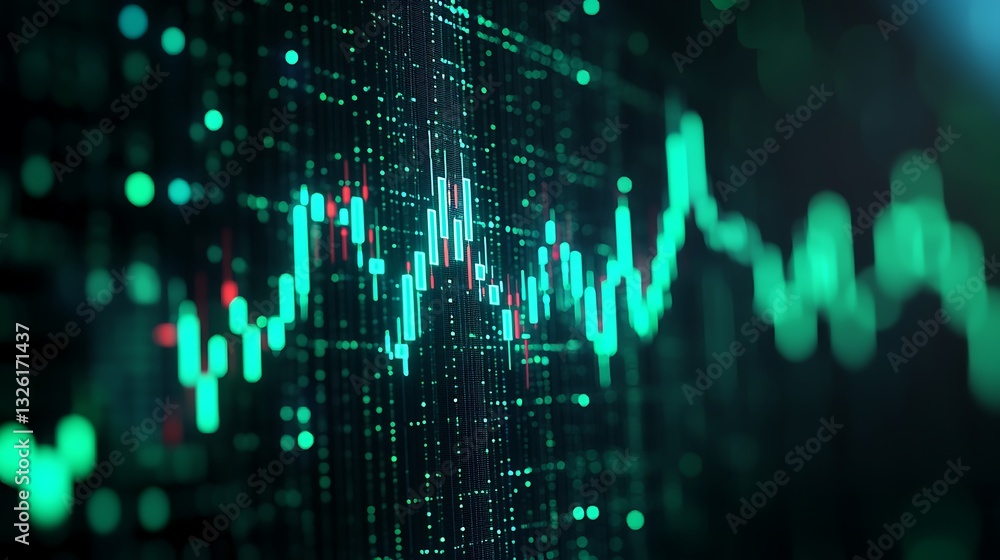 Poster abstract digital financial data visualization with green and red trend lines in dynamic background