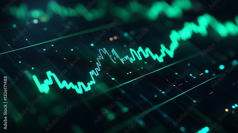 Poster abstract digital financial data visualization with green graphs and lines on dark background