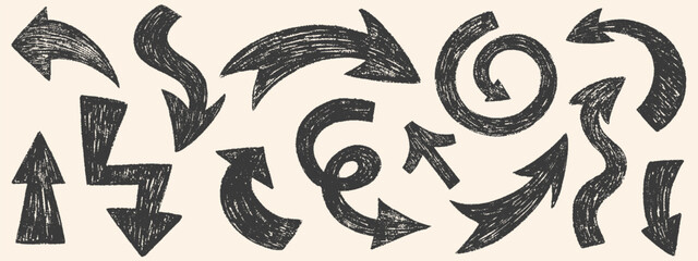Crayon arrows set. Collection of bold grunge folded and curved arrows. Doodle black different directions. Graffiti retro style black elements with pencil texture, scribble vector icons 