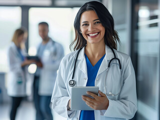 smiling female doctor with tablet in hospital