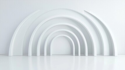 A white room with a curved wall and shelves.