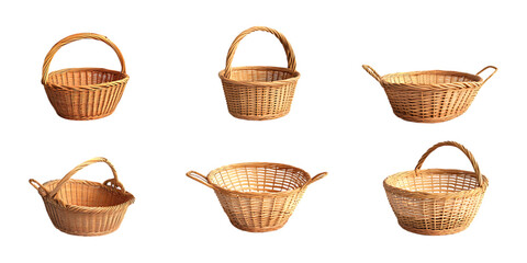 Obraz premium Pack Basket Set in Different Poses Against Transparent Background for Storage Illustration, Home Organization, or Shopping Design