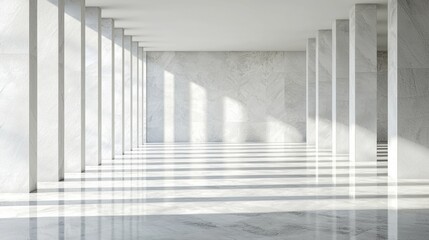 Obraz premium A long white corridor with a marble floor and columns on either side.