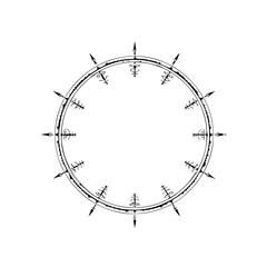 Intricate Black Ink Mandala-esque Ring with Radial Arrows and Symbolic Geometric Embellishments on White Background.