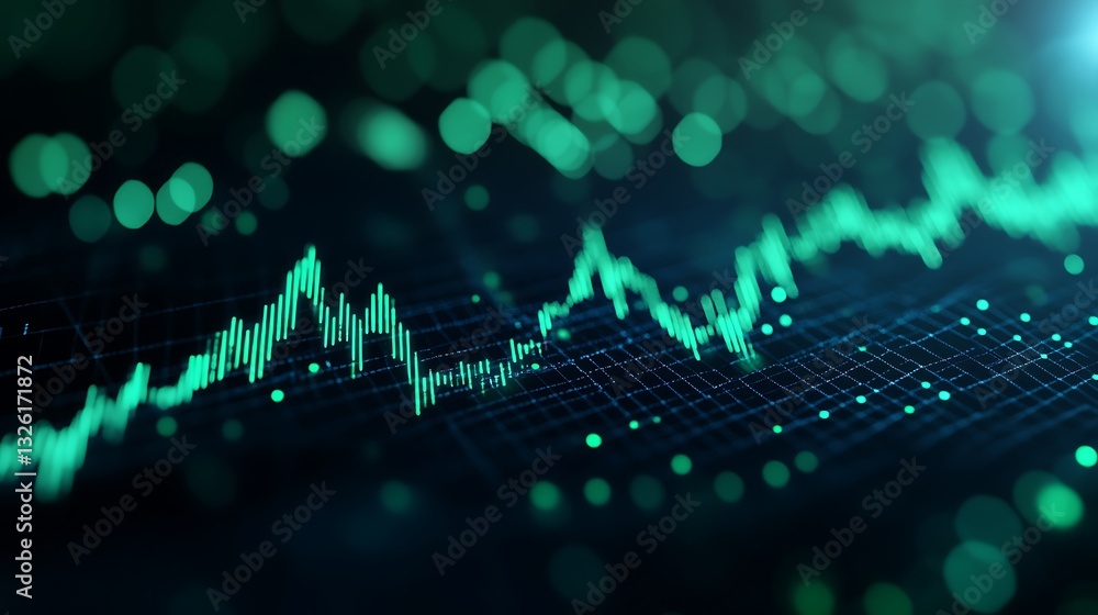 Poster abstract digital financial graph with glowing green lines, data visualization, and blurred bokeh bac