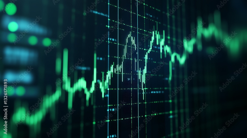Poster abstract digital financial graph with green lines and grid background representing market trends and