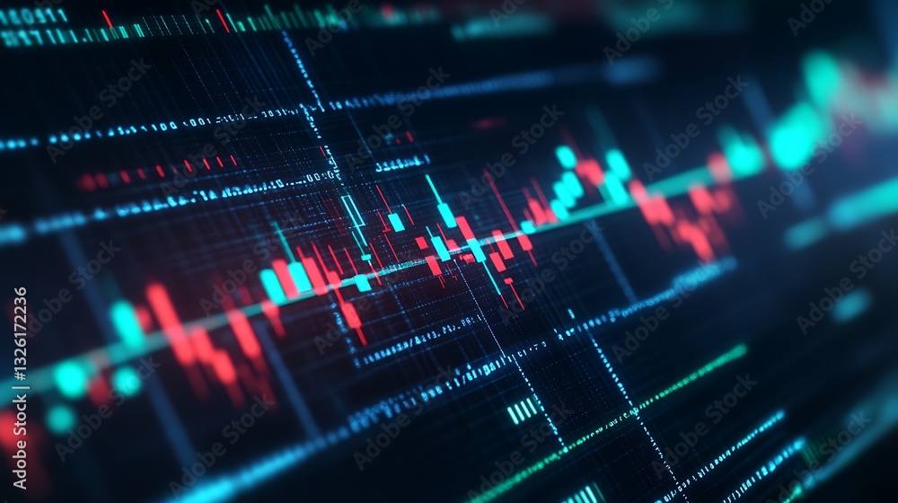 Poster abstract digital graph showing financial market trends with colorful data points and lines in dark b