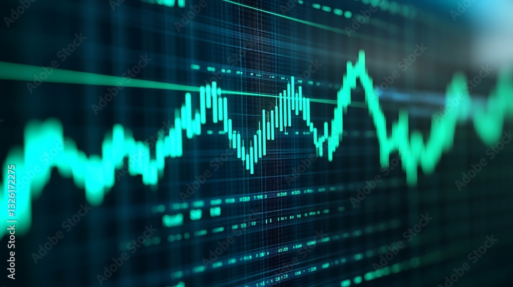 Poster abstract digital graph showing fluctuations in data with green lines against a dark background for f