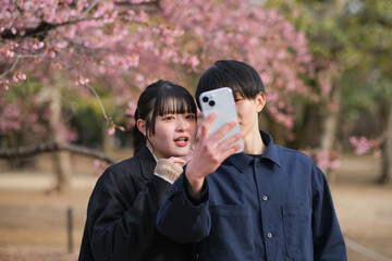 梅の花を背景に自撮り写真を撮るカップル