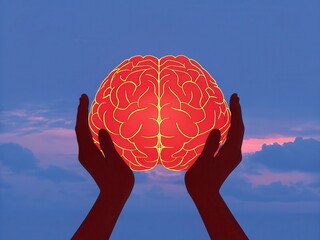 Mental health awareness promotes mindfulness and positivity concept. Hands holding a glowing brain against a colorful sky backdrop.