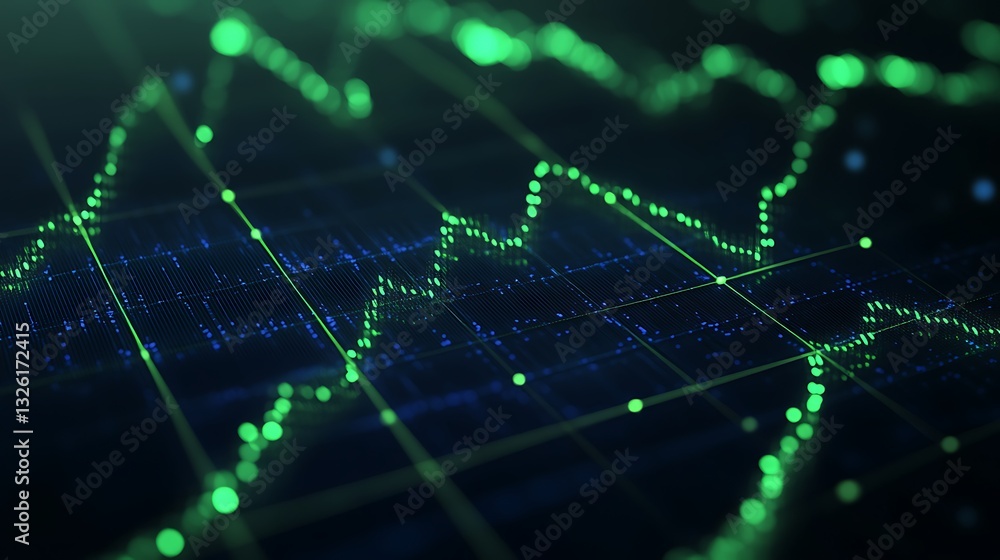 Poster abstract digital graph with data points and trend lines in green and blue for financial analysis and