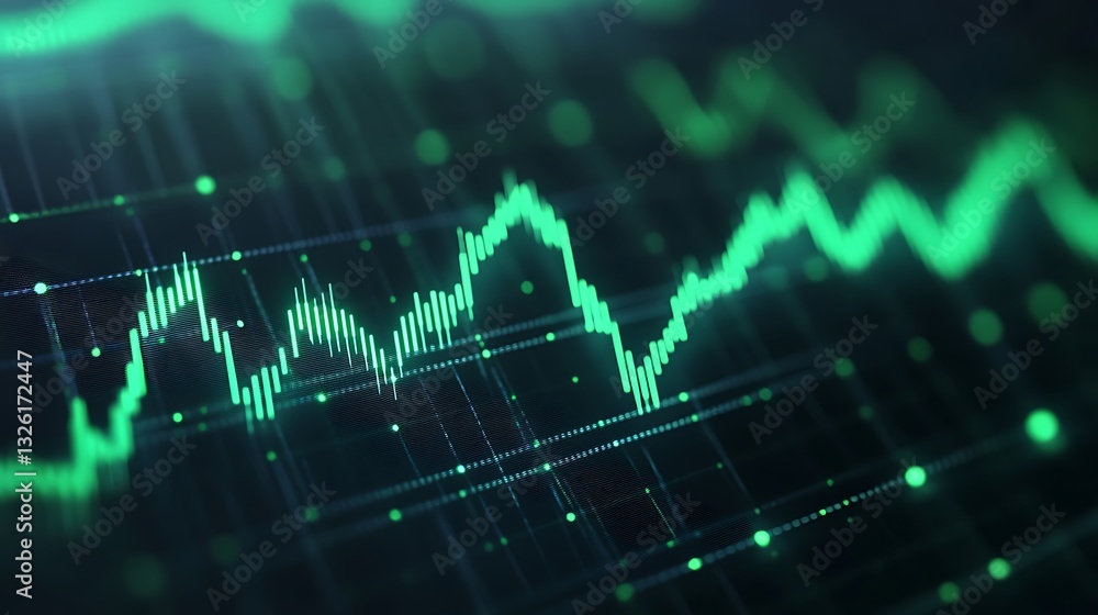 Poster abstract digital graph with green lines and dots representing financial data and market trends visua