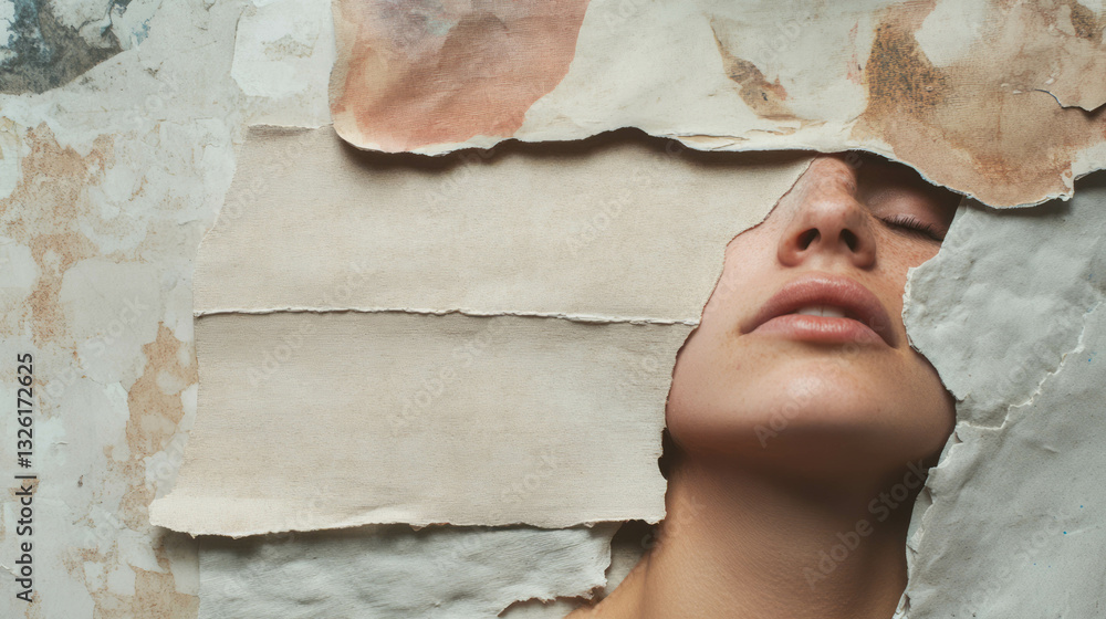 Poster surreal human face emerging from torn paper layers in creative composition