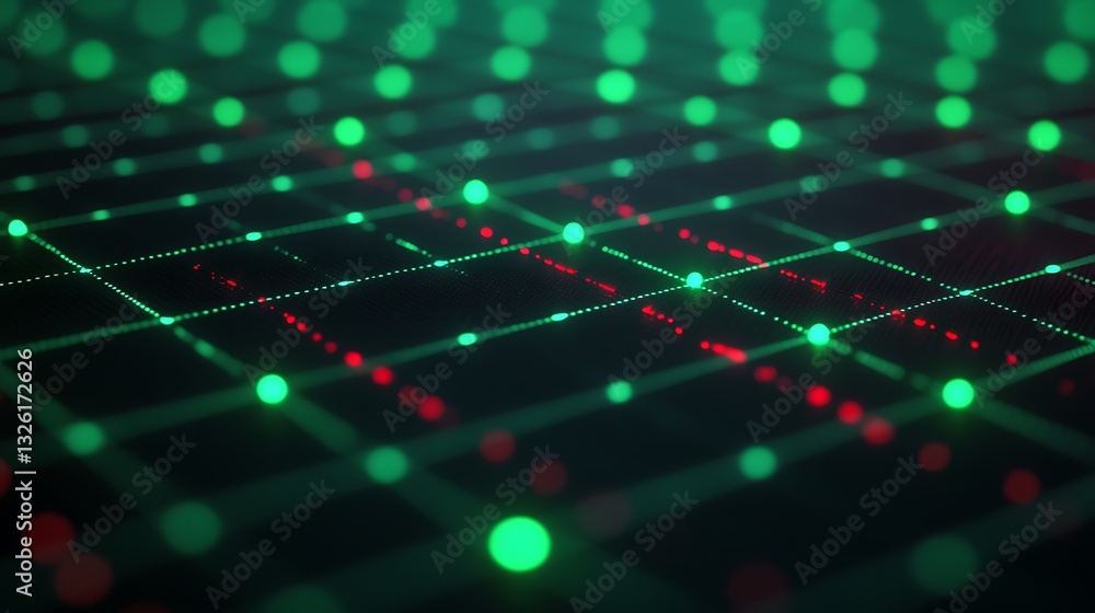 Poster abstract digital grid with glowing dots in green and red, representing technology, data, and connect