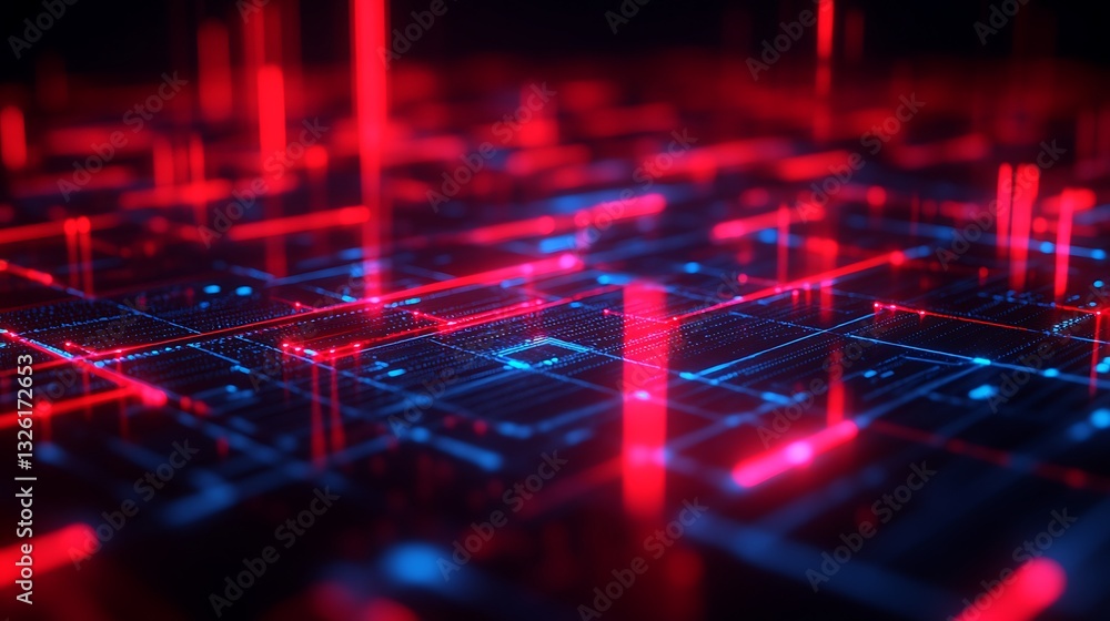Poster abstract digital landscape with blue and red neon lines and glowing grid patterns in a futuristic en