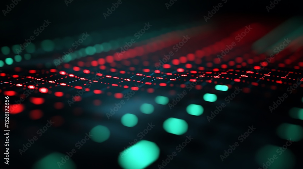 Poster abstract digital landscape with bright red and green lights creating a captivating visual experience