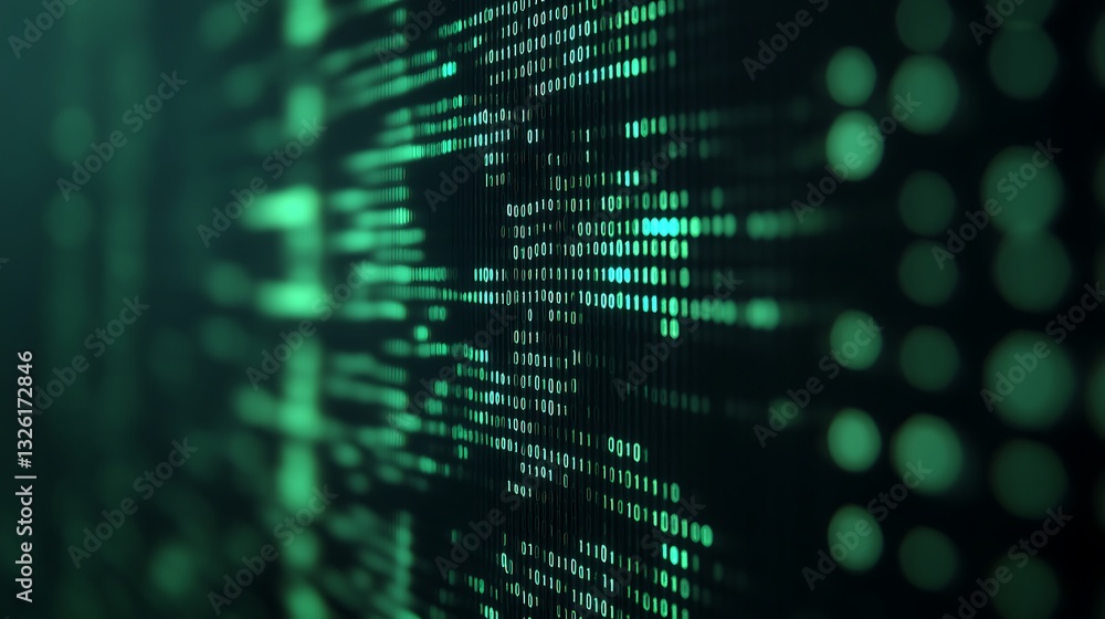 Poster abstract digital matrix with glowing green dots and binary code on a dark background