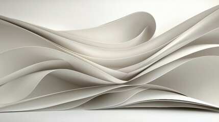 A 3D rendering of a complex, abstract structure composed of overlapping, curved shapes in a monochromatic palette of white and gray.