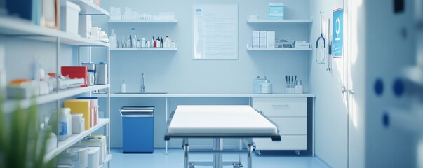 A clean and organized examination room with medical supplies present