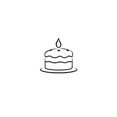 Minimalist Black Line Art of a Birthday Cake with Lit Candle, Isolated on White, Simple Design.