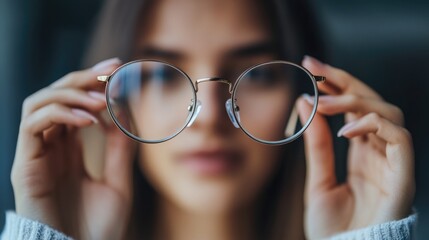 A woman looking at something through a pair of glasses, possibly examining or trying to see something clearly