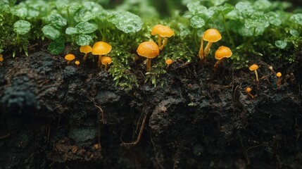 Tiny orange mushrooms on mossy forest floor