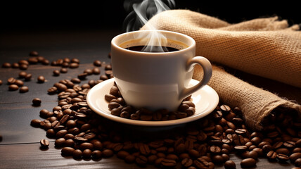 Fototapeta premium Steaming cup of coffee with beans and burlap sack