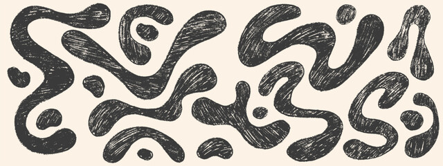 Funky crayon organic liquid shapes and fluid forms. Various bubbles, organic irregular shapes with pencil texture. Bold hand drawn lines, spots. Crayon drawn colorful vector illustrations.