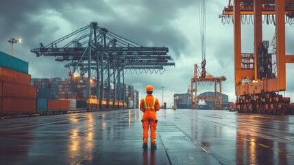 Female port worker in orange safety gear standing in front of industrial cranes and shipping containers