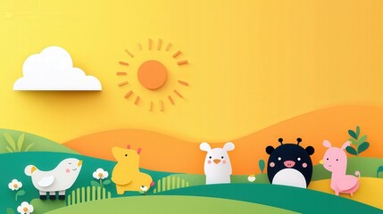 A children illustration of animals planting rice in a colorful field