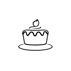 Simple Line Art: Birthday Cake with a Single Candle on a Plate, Isolated on White Background.