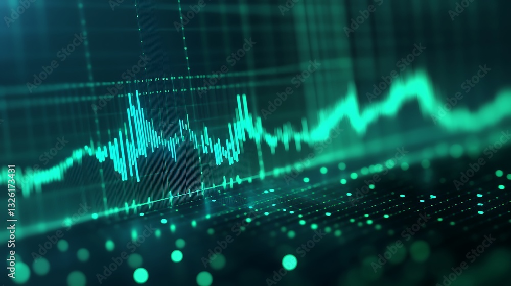 Poster abstract digital sound wave visualization with vibrant green tones and grid background for technolog