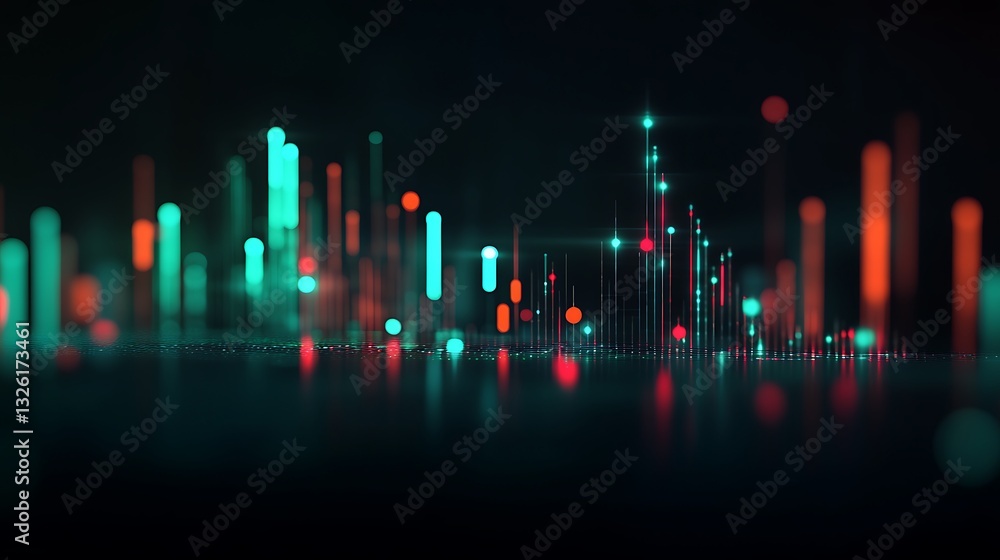 Poster abstract digital sound waves representation with colorful lines and dots on dark background