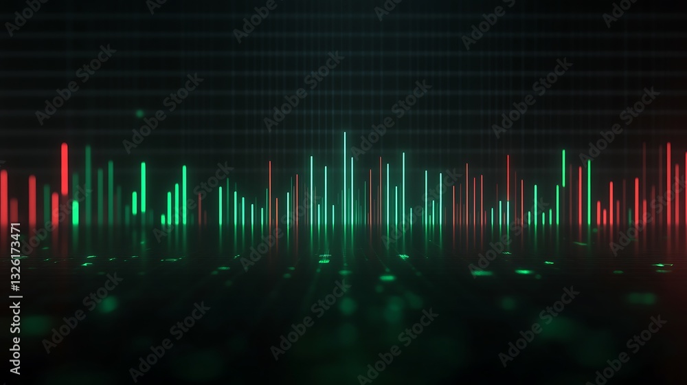 Poster abstract digital sound waves visualization with colorful bars on a dark background representing audi