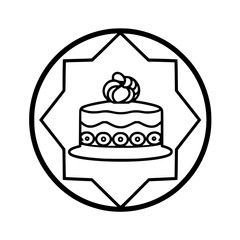 Stylized, black and white graphic of a layered cake with a swirl on top, enclosed within an eight-pointed star and circular border.