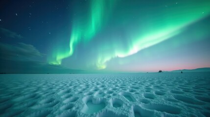 A vast icy tundra under the ethereal glow of the northern lights, endless untouched snow reflecting the aurora’s soft hues in a breathtaking, high-resolution landscape.
