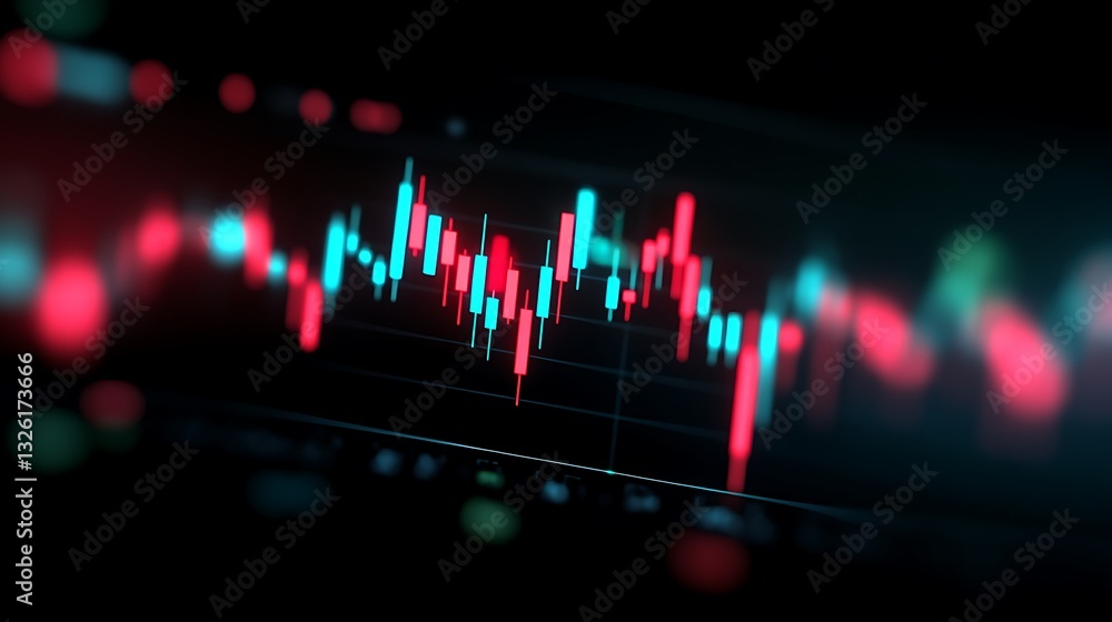 Poster abstract digital stock market chart with colorful candlestick graphs and trendlines on dark backgrou