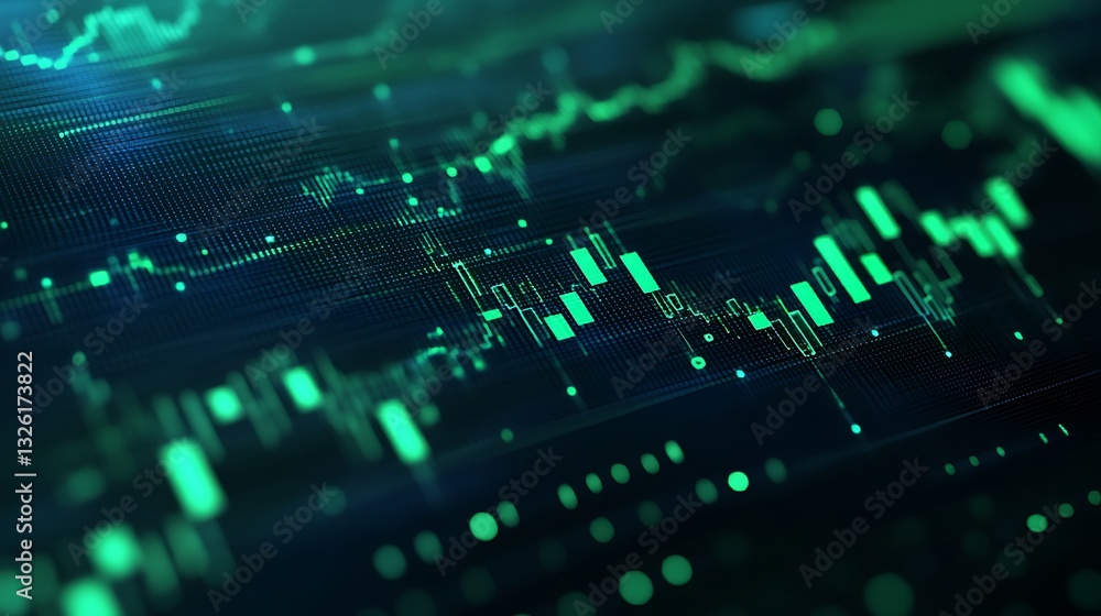 Poster abstract digital stock market chart with glowing green lines and candlestick patterns on dark backgr